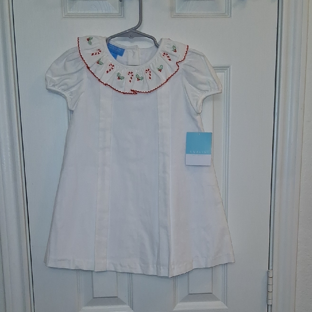 Anavini Candy Cane White Dress with Embroidered Collar 4T